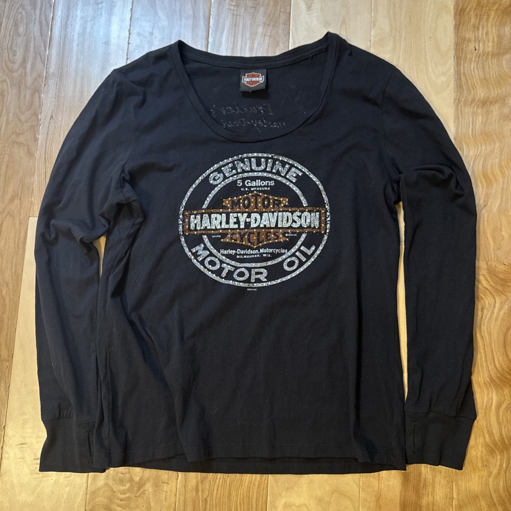 Harley-Davidson Women's Large Black Bedazzled Long Sleeve Shirt Y2K *READ*